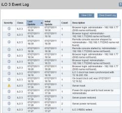 The iLO 3 system log available through the management screen