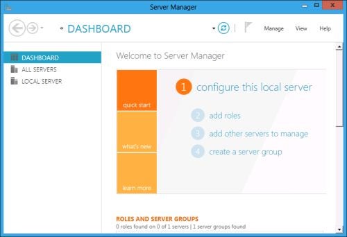 The redesigned dashboard in Windows 8 Server.
