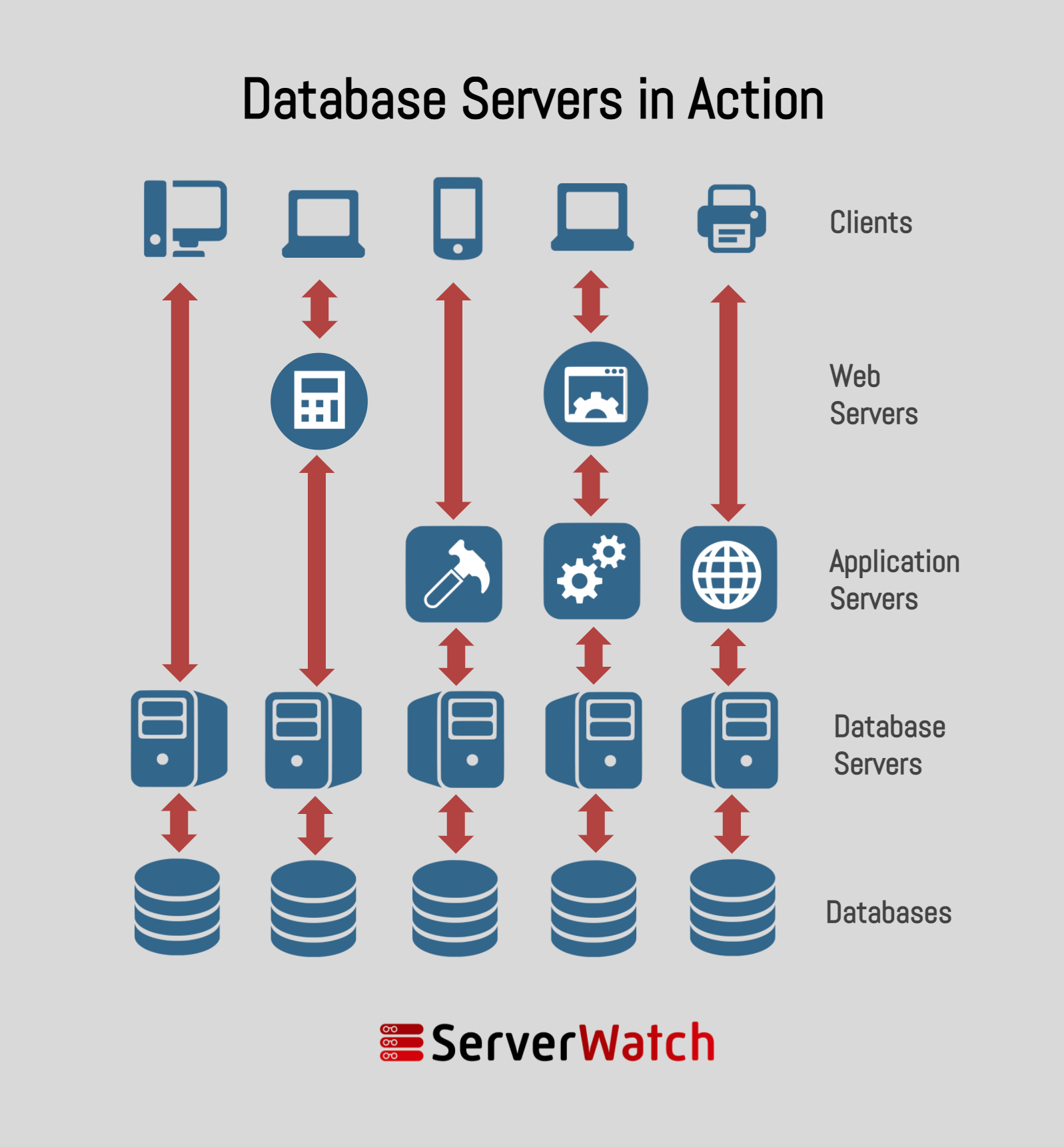 A graphic image showing how databases and database servers provide resources to client devices, sometimes through intermediaries such as web servers and application servers.  Designed by Sam Ingalls. 