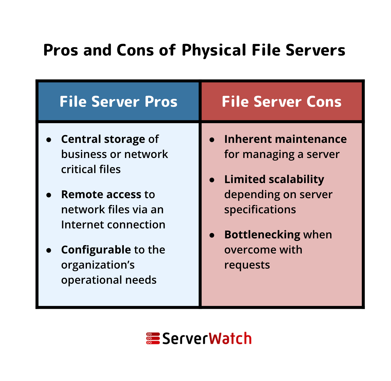 A graphic showing the pros and cons of a physical file server. Designed by Sam Ingalls.
