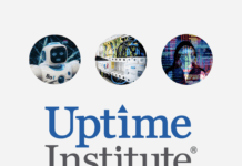 A graphic showing the Uptime Institute's logo and introducing the topic of the article, the 11th Global Data Center Survey. Three circle pictures contain a picture of a robot, rack circuits, and IT professional.