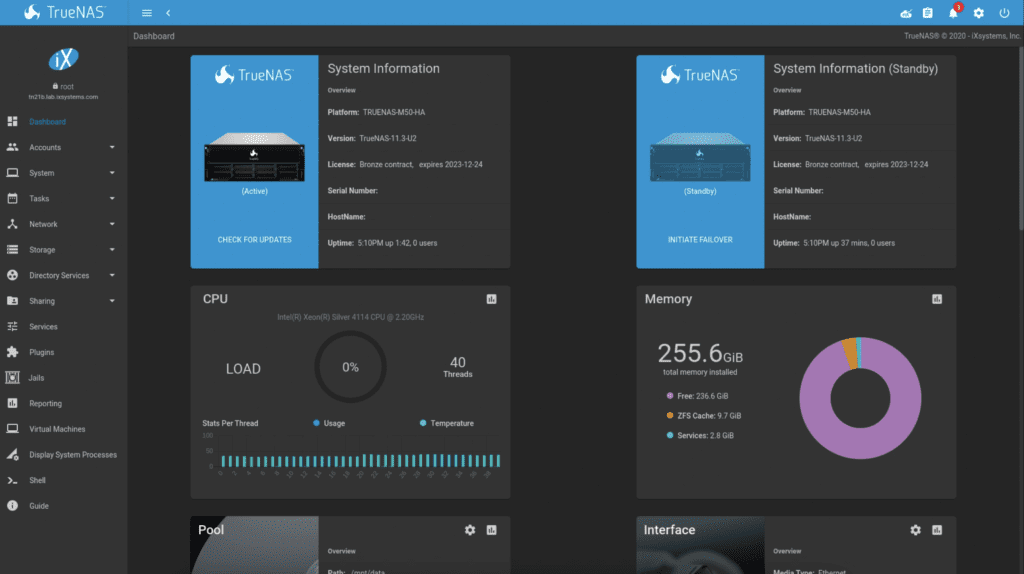 A screenshot of the TrueNAS dashboard with system, CPU, and memory data.